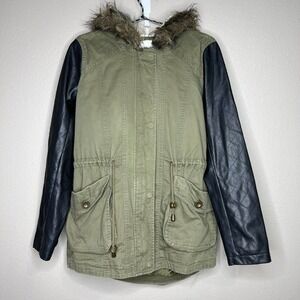 Thread & Supply Green Full Zip Faux Leather Long Sleeve Hooded Utility Jacket